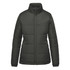 A women's thermal jacket in dark green with a zip front and a high collar, featuring a puffer design and branding.