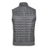 A grey thermal softshell vest featuring a quilted design and a zippered front. It has pockets and a branding logo.