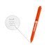 An orange triangular grip pen with a logo, next to a paper showing writing samples and a 0.5 mm tip.