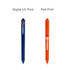 A blue triangular grip pen with a logo and an orange triangular grip pen, both featuring different printing styles.