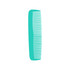 A custom blended tooth comb in a bright turquoise colour with fine and wide teeth. It features a logo.