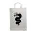 A white paper bag featuring a black logo with a serpent design and two crowns, complete with sturdy handles.