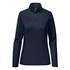 A navy women's pullover with a quarter zip and long sleeves. The design includes a logo on the garment.