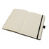 A recycled leather notebook with a hard cover, featuring lined pages and a black elastic band closure.
