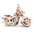 A wooden motorcycle model made from light-coloured wood, featuring intricate cut-out designs.
