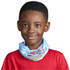 A child wearing a blue tubular bandana featuring a logo, with a red shirt.