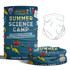 A tubular bandana featuring a colourful science camp design, primarily in blue, with illustrations and a logo.