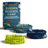 A collection of kids' tubular bandanas in bright yellow and blue, featuring fun science-themed designs.