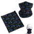 A black Coolmax bandana featuring blue logos displayed in various styles, including a neck gaiter.