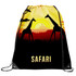 A drawstring backsack featuring a sunset scene with giraffes and the word "SAFARI" at the bottom, in vibrant colours.