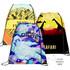 Three drawstring bags in vibrant designs featuring music notes, a space theme, and a safari scene with giraffes at sunset. Each bag has a logo.