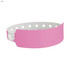 A pink vinyl wristband with a white inner lining and multiple holes for adjustment. It features a logo.