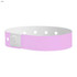A pink vinyl wristband with a white fastening, featuring holes for size adjustment and a logo.