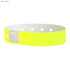 A neon yellow vinyl wristband with holes for size adjustment and a snap closure. Features a logo.