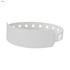 A white plastic wristband with holes and a secure fastening mechanism. It features a logo.