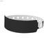 A black plastic wristband with a white interior and circular cut-outs, featuring a secure fastening mechanism.