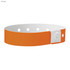 An orange plastic wristband with a white fastening, featuring holes for adjustability.