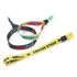 Three event wristbands in various colours, including yellow, black, and multi-coloured options, featuring logos.