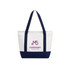 A medium canvas tote bag in white and navy, featuring a logo on the front with dual handles.
