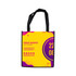 A tall non-woven tote bag in yellow with purple and pink abstract designs and a logo. Black handles are included.