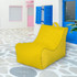 A yellow outdoor chair sits on a stone-paved surface near blue and pink doors, featuring a simple logo.