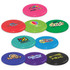 A set of colourful frisbees in various shades including pink, green, blue, and purple, each featuring different logos.