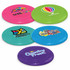 A set of four colourful frisbees in pink, blue, green, and purple, each featuring different logos.