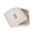 A portable lunch box in a light beige colour, featuring a bread-shaped design and a logo.