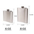 A stainless steel hip flask in a sleek design, featuring two sizes and measurements for capacity.