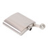 A stainless steel hip flask with a polished finish and a screw-on cap, featuring a logo.