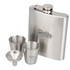 A stainless steel hip flask set featuring a flask, two shot cups, and a funnel, all in a polished finish.