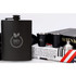 A black stainless steel hip flask set featuring two shot cups and a funnel beside books and a black cloth.