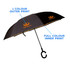 A reversible folding umbrella with a black outer and a full colour inner print, featuring a logo.