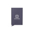 A sleek metallic RFID card holder in dark grey, featuring a simple logo on the front.