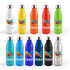 A set of aluminum drink bottles in various colors, each featuring a logo on the front.