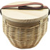 A round cooler basket in natural wood tones with a brown strap, featuring a woven design and a wooden lid.
