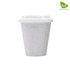 A drink cup made of white material with a speckled design, featuring a logo and a ridged lid.