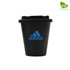 A drink cup in black with a blue logo. It has a solid design and a lid, suitable for various beverages.