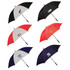 A collection of six umbrellas in various colours, featuring different logos and designs, including black, red, and white.