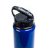 A drink bottle with a blue body and a black flip straw lid, featuring a handle on top.