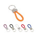 A metal keyring tag with a braided strap in orange, surrounded by keyring tags in purple, black, white, red, and blue.