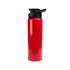 A drink bottle in bright red with a black free flow lid, featuring a sleek and glossy design.