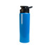 A drink bottle featuring a vibrant blue design and a black free flow lid, with a capacity of 750ml.