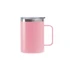 A stainless steel cup with a handle in pink, featuring a transparent lid and a sleek design.