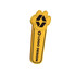A yellow drink stick shaped like a paw, featuring a logo design on the side.