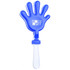 A blue plastic hand-shaped clapper with a transparent handle and a logo printed on it.