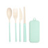 A four-piece travel utensils set in mint green, including a spoon, fork, knife, and chopsticks, with a matching case.