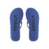 A pair of blue rubber thongs with a textured sole, featuring a branding logo on the footbed.