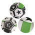 A dog soccer ball in black, white, and green, featuring star patterns and grab tabs for easy handling.