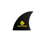 A black surfboard fin with a yellow logo and design on the side.